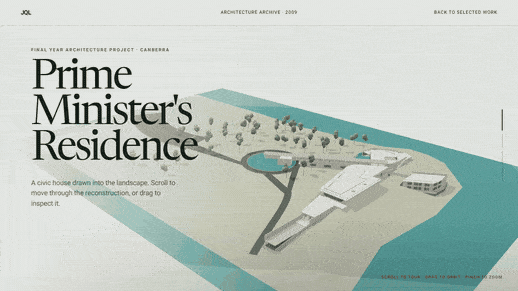 The website Astra built, scrolling through the reconstructed residence, from the title page into the model.