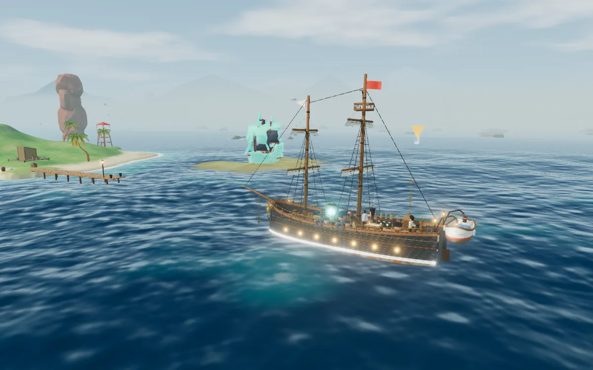 The Living Ship under sail beside a palm island, from the game.