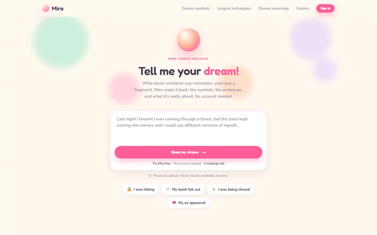 Mira's home page: a box asking you to tell it your dream, with a pink read button under it.