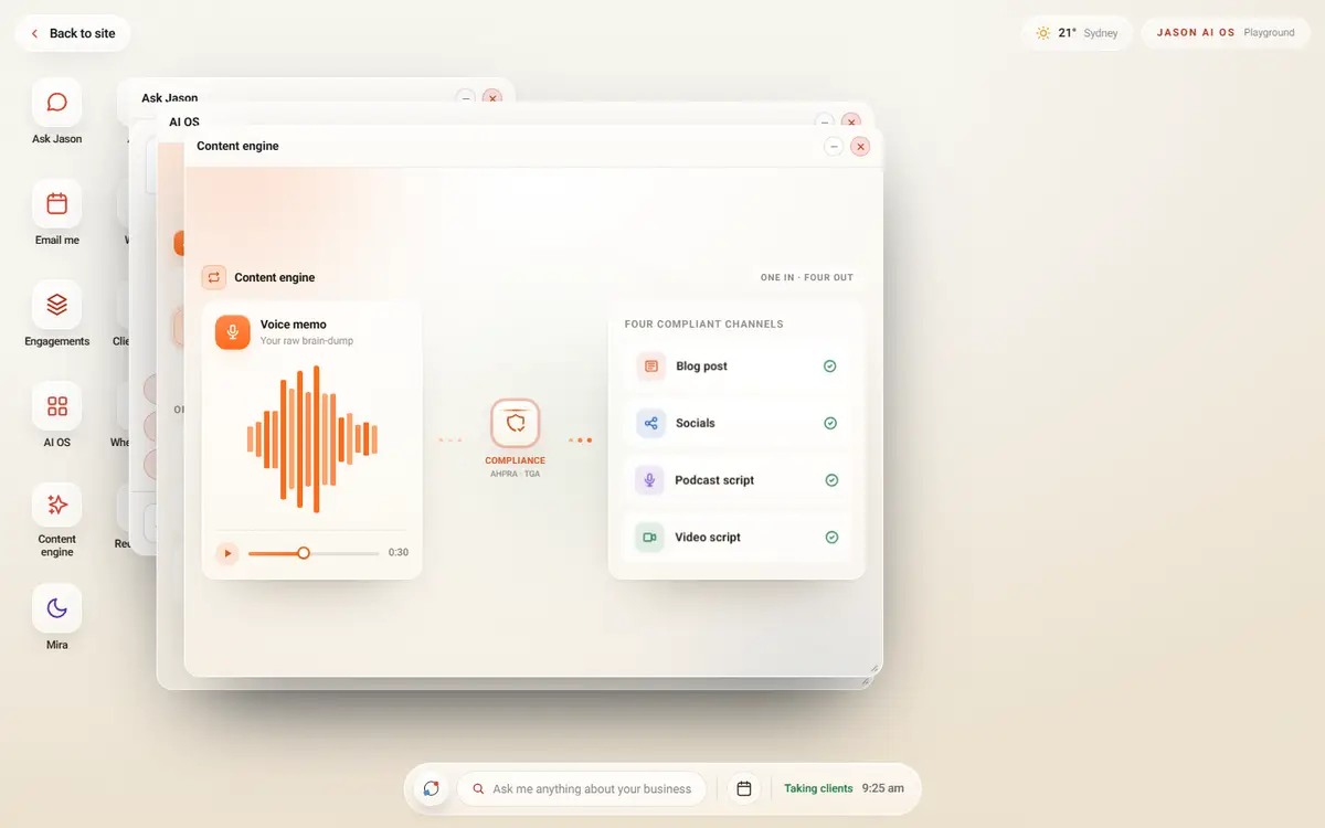 The Playground desktop with the AI OS and content engine windows open over a dock of apps.