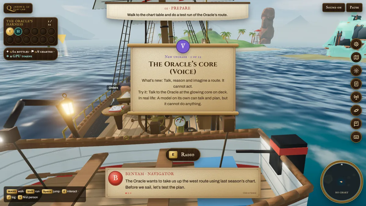 On deck in the game: the first upgrade card, The Oracle's core, explains that a model on its own can talk and plan but cannot do anything.